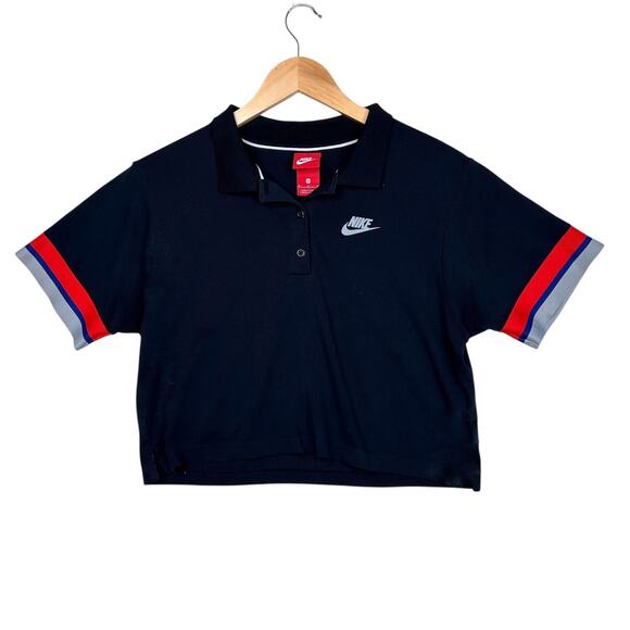 Nike Polo Shirt Womens Medium Black Cropped Embroidered Swoosh Stripe Sleeve - Picture 1 of 7